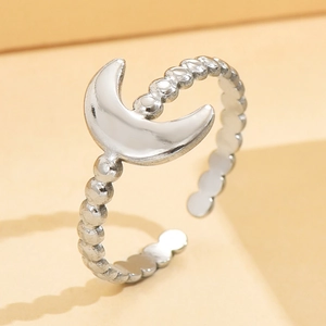 Minimalist silver moon adjustable open ring with polished beaded stainless steel band