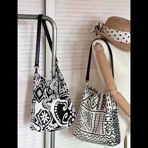 Bohemian black and white tribal print linen tote bag with stylish leather straps