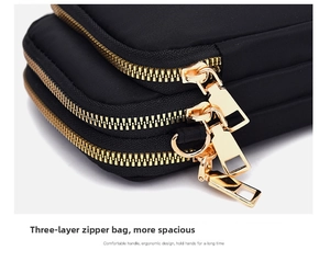 Detailed close-up of a black nylon crossbody bag featuring three-layer golden metal zippers