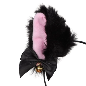 Plush black and pink cat ear headband with ribbon bow and golden bell for cosplay