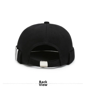 Detail view of the black docker cap with three side stripes and silver metal buckle
