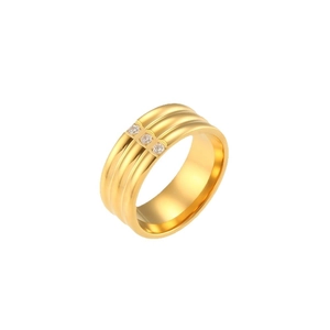 Polished 18K gold plated stainless steel triple band ring with three clear cubic zirconias