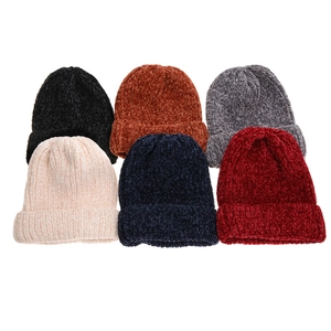 Set of six solid color chenille knit beanies in various warm autumn and winter shades