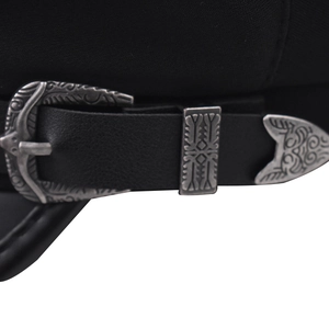 Black PU leather military cap featuring a decorative strap and vintage floral metal buckle