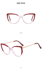 Detailed front and side views of red-pink gradient cat-eye glasses with gold metal temples