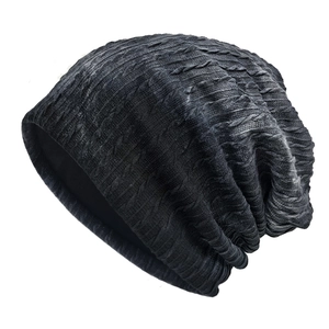 Unisex slouchy tie-dye striped beanie with thick chunky knit texture in charcoal grey color