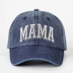 Classic washed denim baseball cap in dark blue with high quality white MAMA embroidery