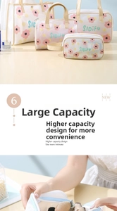 Detail view of the waterproof PVC daisy cosmetic bag set with durable metal zippers