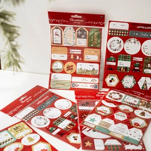 Christmas gift tags set with red festive patterns and reindeer for holiday packaging