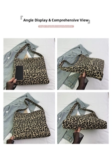 Close-up of leopard print tote bag interior and structure from multiple angles