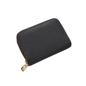 Tarjetero minimalista de cuero negro granulado para mujer con cremallera dorada
