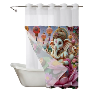 Waterproof polyester shower curtain with colorful Ganesha print on pink lotus flower