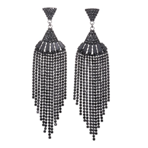Dark style fan-shaped tassel earrings with black zircon stones and silver pins
