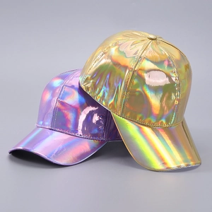 Detailed close-up of metallic purple and gold holographic laser PU leather baseball caps