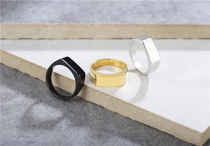 Modern minimalist 7mm rectangular signet ring set in black, gold, and silver finishes