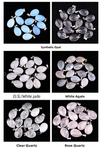 Flat teardrop crystal pendants collection including opal, rose quartz and white jade