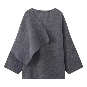 Dark grey knitted jacket with unique draped collar design and long sleeves for women