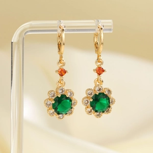 18K gold flower drop earrings with green crystal and sparkling sunflower zircon stones