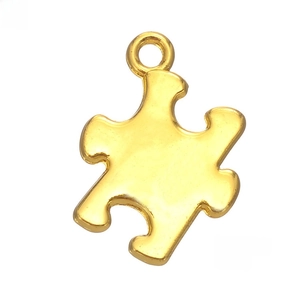 Polished gold puzzle piece charm with 20x24mm dimensions and top ring detail