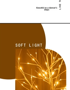 Detailed close-up of warm LED lights on the white birch tree branches for festive decor