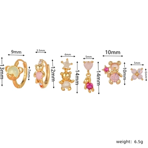 Detailed view of 6-piece pink bear earrings set with size measurements in mm