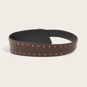 Retro punk dark brown leather belt with double rows of golden round metal studs