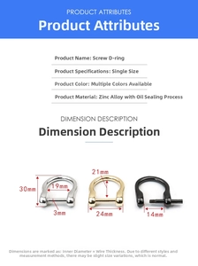 Detailed size specifications for zinc alloy D-ring screw shackles in silver, gold and black