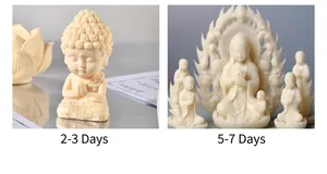 Detail view of miniature ivory Buddha and Guan Yin statues made from resin molds