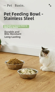 Detail view of deep stainless steel pet bowls filled with food on wooden floors