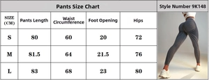 Detailed size chart for seamless high waisted yoga leggings showing S M and L measurements
