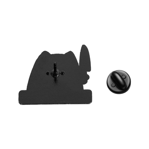 Detailed back view of cat enamel pin showing metal texture and black butterfly clutch