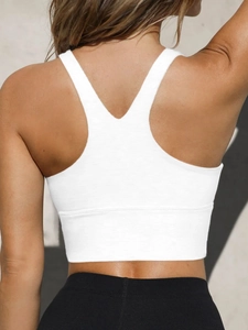 Rear view of white racerback sports bra with wide elastic band and high elasticity fabric