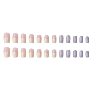 Pink and lilac ombre press-on nails with heart patterns in 24-piece square-round set