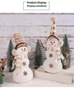 Detail of Christmas snowman plush decor with plaid hats and snowflake embroidery