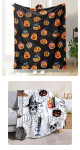 Dettaglio di coperte di Halloween con stampe di zucca e teschio sul divano e mani