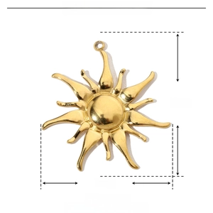Detail view of gold sun-shaped stainless steel pendant with 35mm x 32mm dimensions