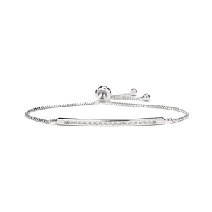 Silver bolo bracelet with bar of sparkling white cubic zirconia and adjustable box chain
