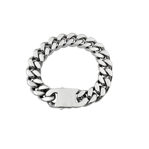 Polished silver stainless steel Cuban link bracelet with square clasp on white background