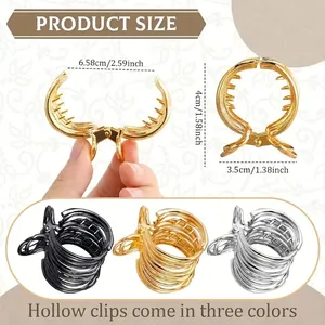 Hollow metal rhinestone hair claw clip in three colors with detailed size measurements