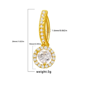 Macro detail of heart belly ring in gold finish with crystal dimensions and specifications