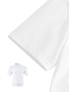 Detailed close-up of white polyester polo shirt showing breathable grid texture fabric