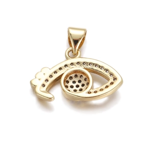 Detailed view of a textured gold-plated evil eye pendant with a polished hanging loop