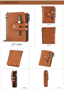 Brown vintage leather wallet showing front, back, and side views with secure anti-theft chain