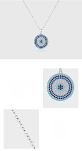 Detailed views of S925 sterling silver evil eye necklace with pave set turquoise