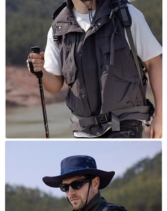 Detail of outdoor wide-brim sun hat and utility vest set with scenic mountain background