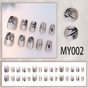 Cat eye press-on nails with Chinese ink bamboo pattern and grey shimmer finish