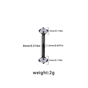 Detailed size chart for black curved barbell piercing with white zircon measurements