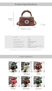 Detail view of crocodile pattern crossbody bag with rhinestone buckle and size chart