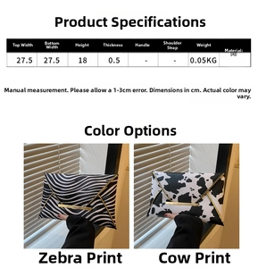 Detailed size chart for zebra and cow print PU leather envelope clutch bag