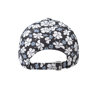 Rear view of floral cotton baseball cap showing adjustable silver metal buckle and strap